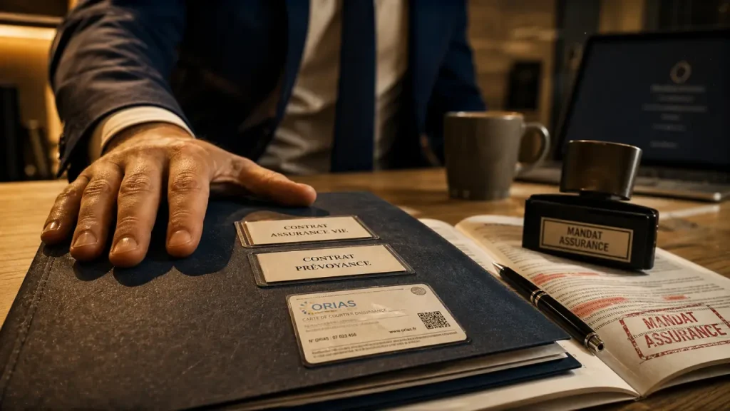 Agent d assurance mandat assurance : dossier, ORIAS et stylo rouge