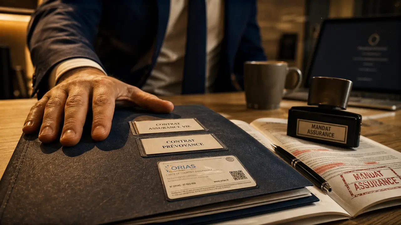 Agent d assurance mandat assurance : dossier, ORIAS et stylo rouge