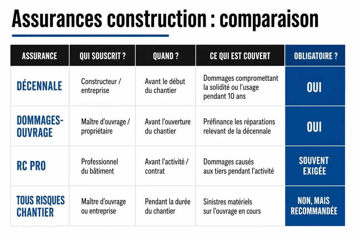 Tableau comparatif des assurances constructeur : décennale, dommages-ouvrage et RC Pro