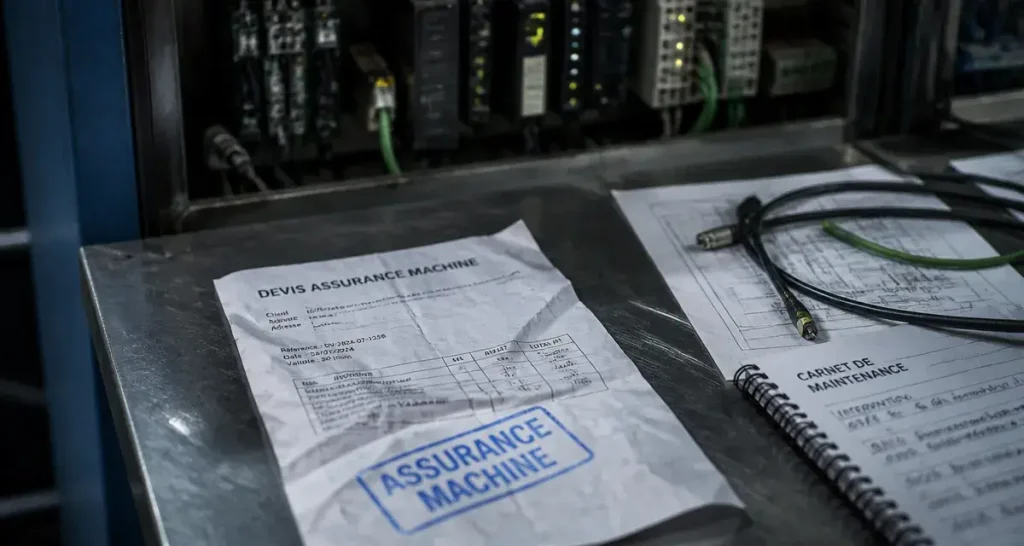 Assurance machine : devis froissé sur bureau industriel avec armoires électriques ouvertes