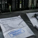 Assurance machine : devis froissé sur bureau industriel avec armoires électriques ouvertes