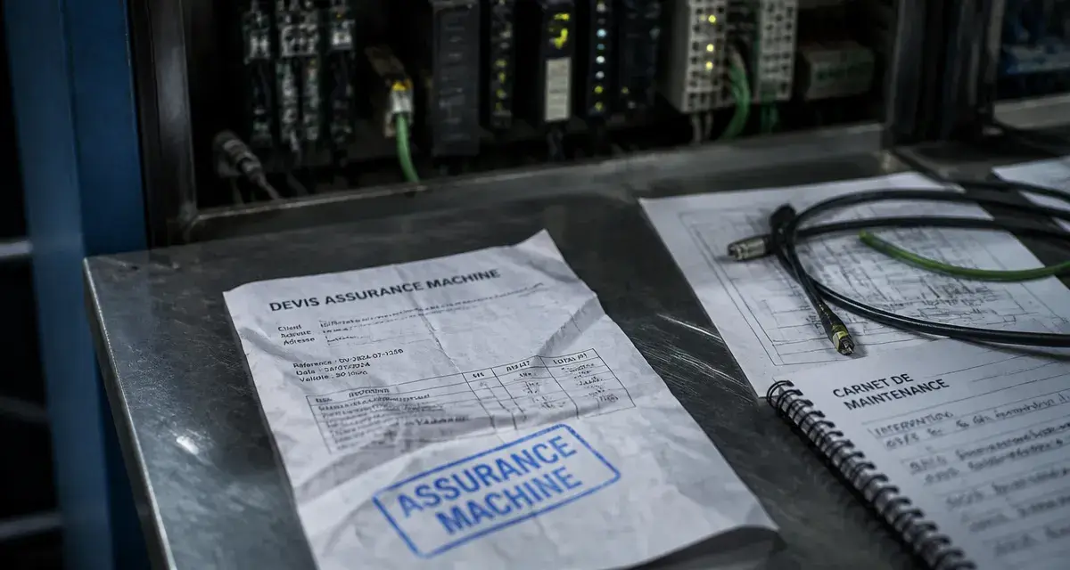 Assurance machine : devis froissé sur bureau industriel avec armoires électriques ouvertes