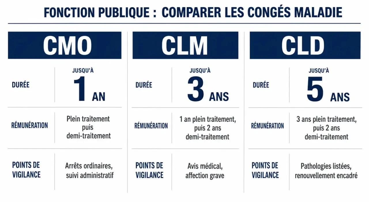 Assurance maintien de salaire fonctionnaire : comparaison CMO, CLM et CLD avec durées et niveaux d’indemnisation