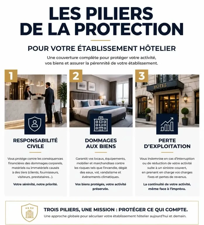 Infographie des piliers de l'assurance hôtel pour protéger son établissement