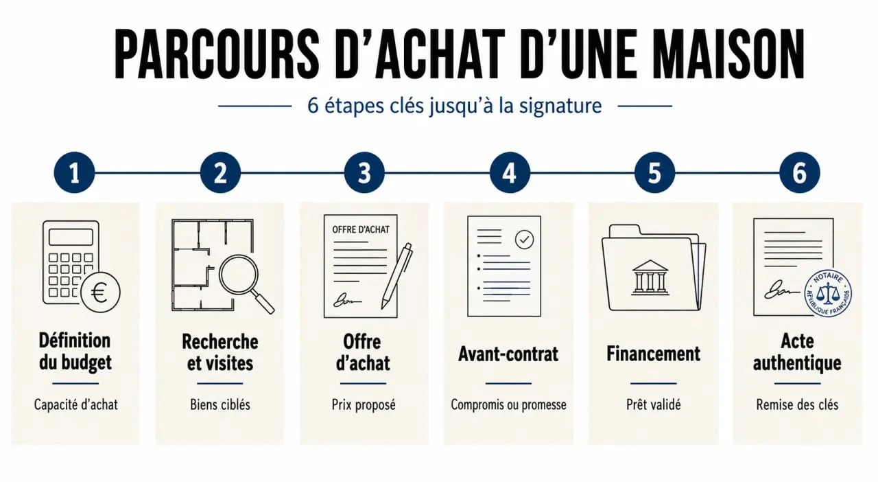 Étapes achat maison illustrées en frise séquentielle du budget à la signature chez le notaire