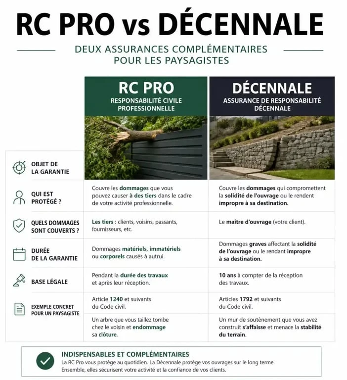 Infographie comparative : RC pro paysagiste vs assurance décennale, les différences clés pour les professionnels du paysage