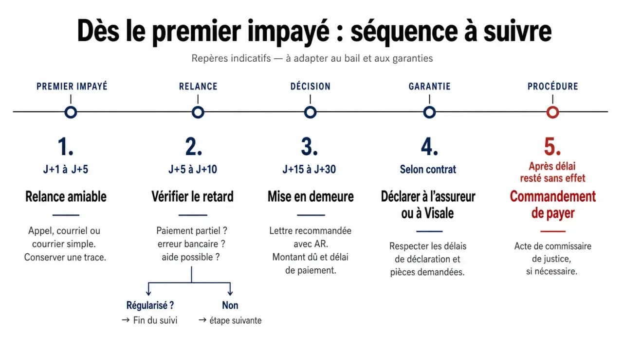 Locataire assurance loyer impayé : frise des étapes à suivre dès le premier impayé
