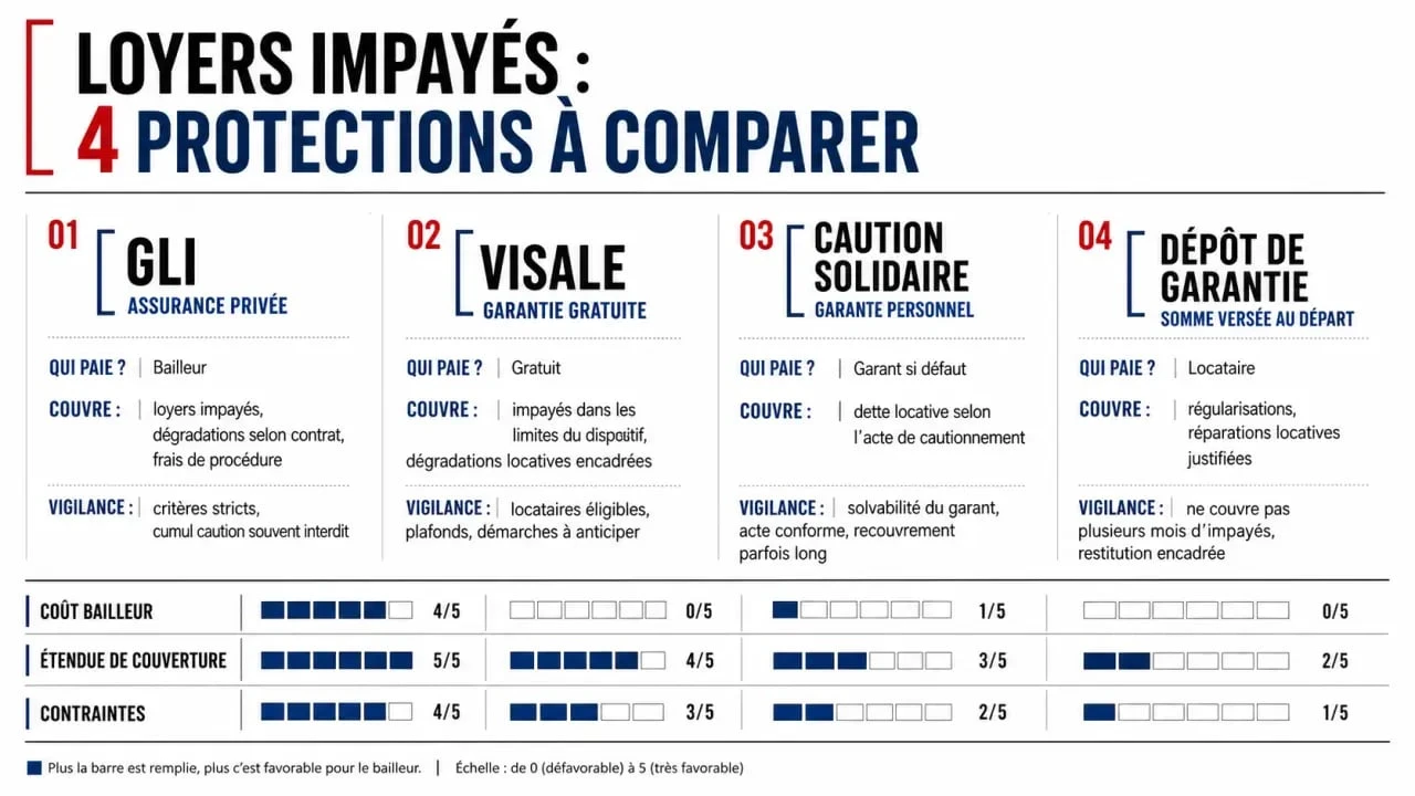Locataire assurance loyer impayé : comparaison visuelle des protections GLI, Visale, caution solidaire et dépôt de garantie