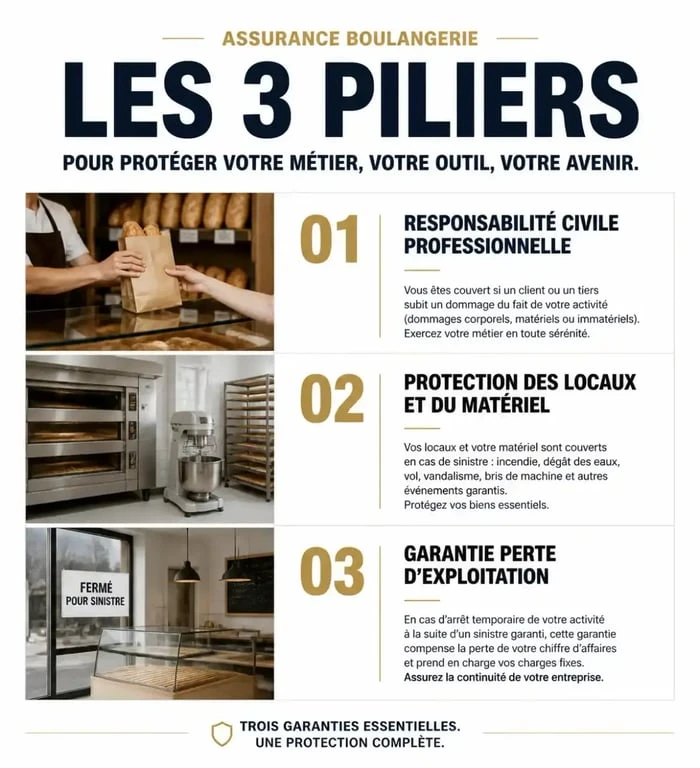 Infographie des trois piliers de l'assurance boulangerie : RC Pro, matériel et perte d'exploitation