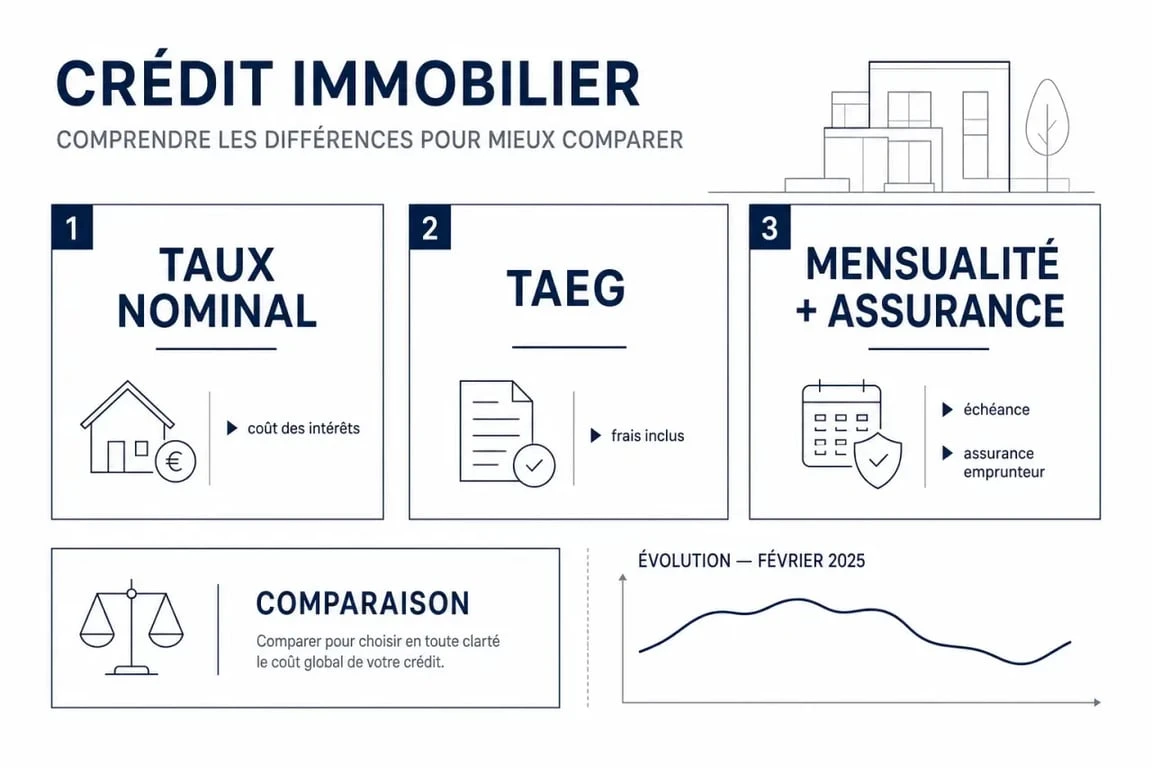 Taux crédit immobilier février 2025 : comparaison visuelle entre taux nominal, TAEG et mensualité