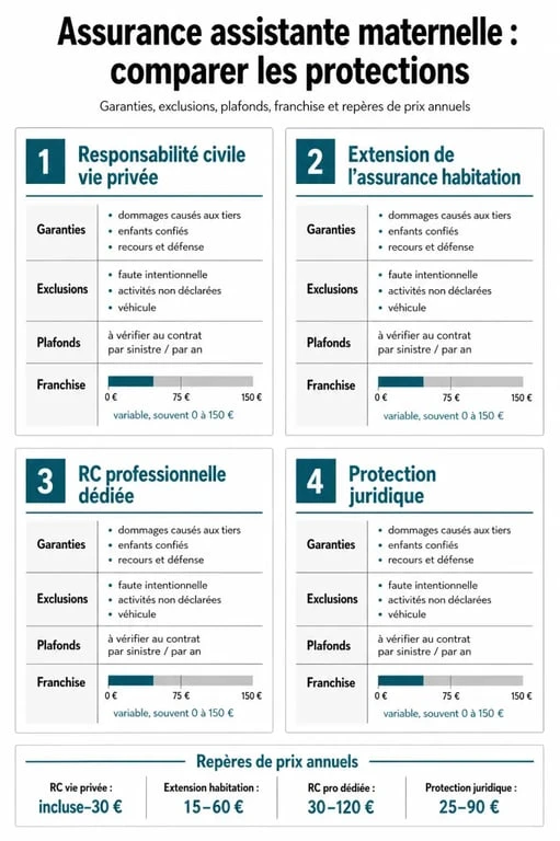 Infographie sur l’assurance pour assistante maternelle : comparaison des garanties, exclusions, plafonds et franchises