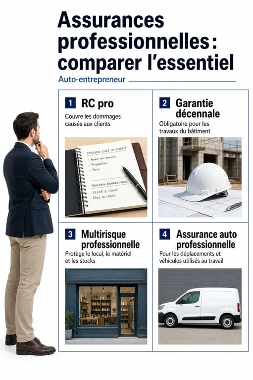 Les obligations d'assurance essentielles pour les auto-entrepreneurs en France : comparaison visuelle des couvertures RC pro, décennale, multirisque et auto professionnelle