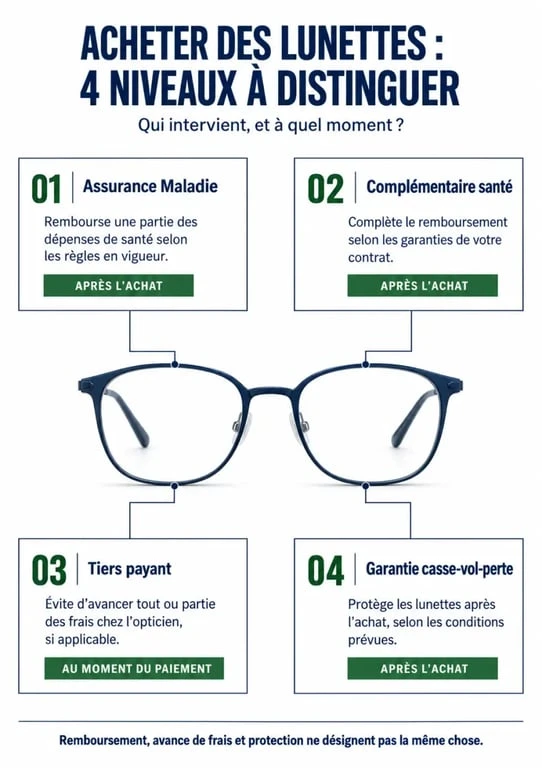 Infographie assurance opticien distinguant remboursement, tiers payant et garantie des lunettes