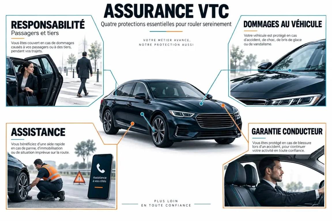 Infographie éditoriale sur les garanties essentielles d’une assurance VTC