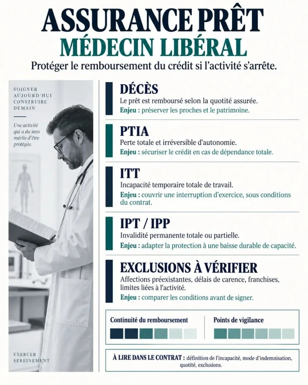 Infographie sur les garanties d’une assurance prêt médecin libéral