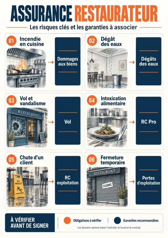Infographie sur l’assurance restaurateur et les garanties couvrant les principaux risques d’un restaurant