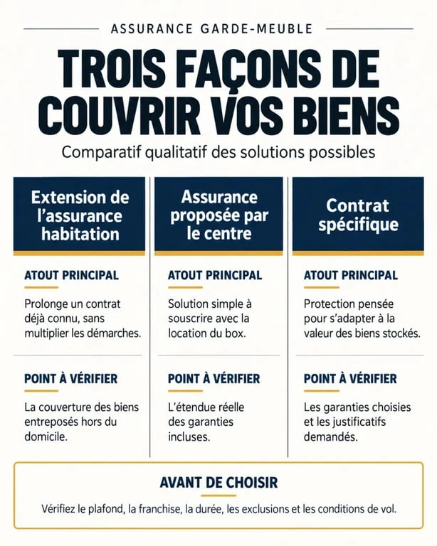 Comparaison des solutions d’assurance garde-meuble entre assurance habitation, assurance du centre et contrat spécifique