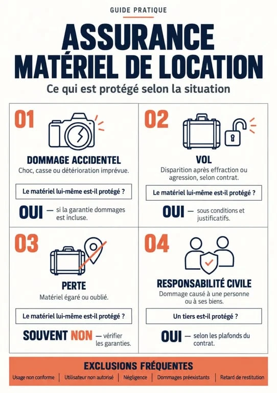 Infographie sur l’assurance matériel location, les garanties et les exclusions