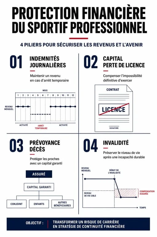 Infographie des garanties essentielles de l'assurance sportif professionnel pour protéger ses revenus