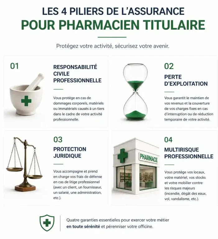 Infographie des assurances indispensables pour un pharmacien titulaire