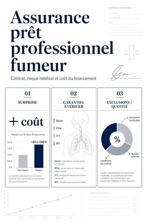 Infographie assurance prêt professionnel fumeur : surprime, garanties et exclusions à comparer